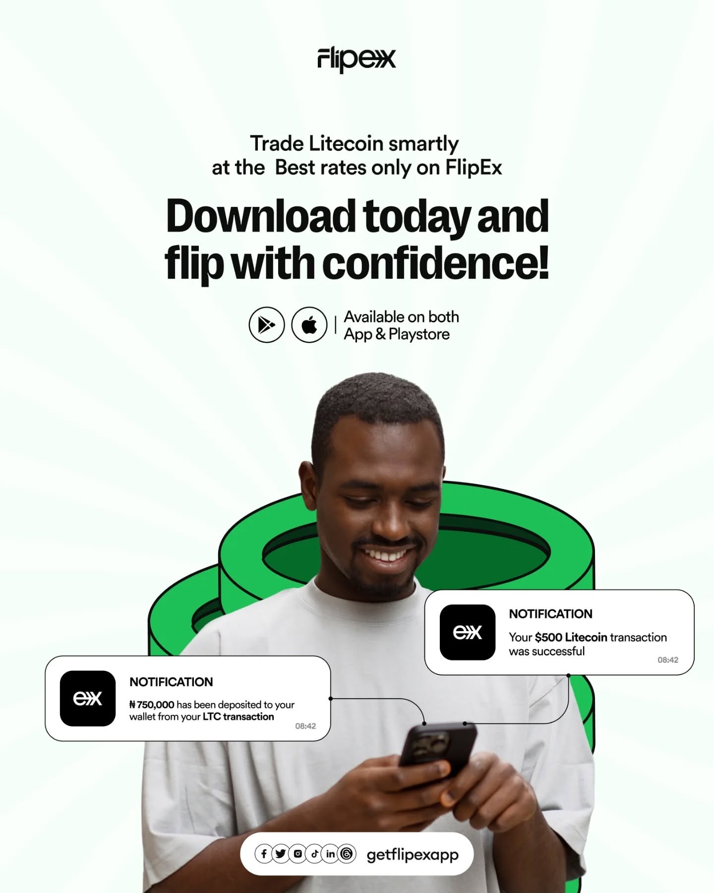 Carousel: Green outlined crypto coins tumbling along a curved path, slide 4