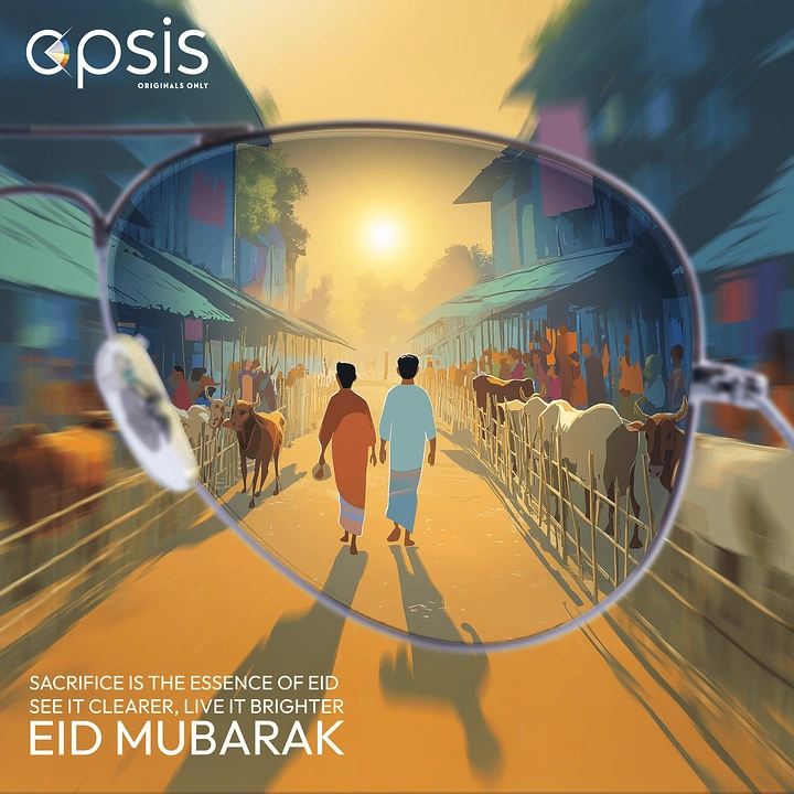 Eid creative ad: Eyeglass lens bringing a sharp, painted Eid cattle market street into focus