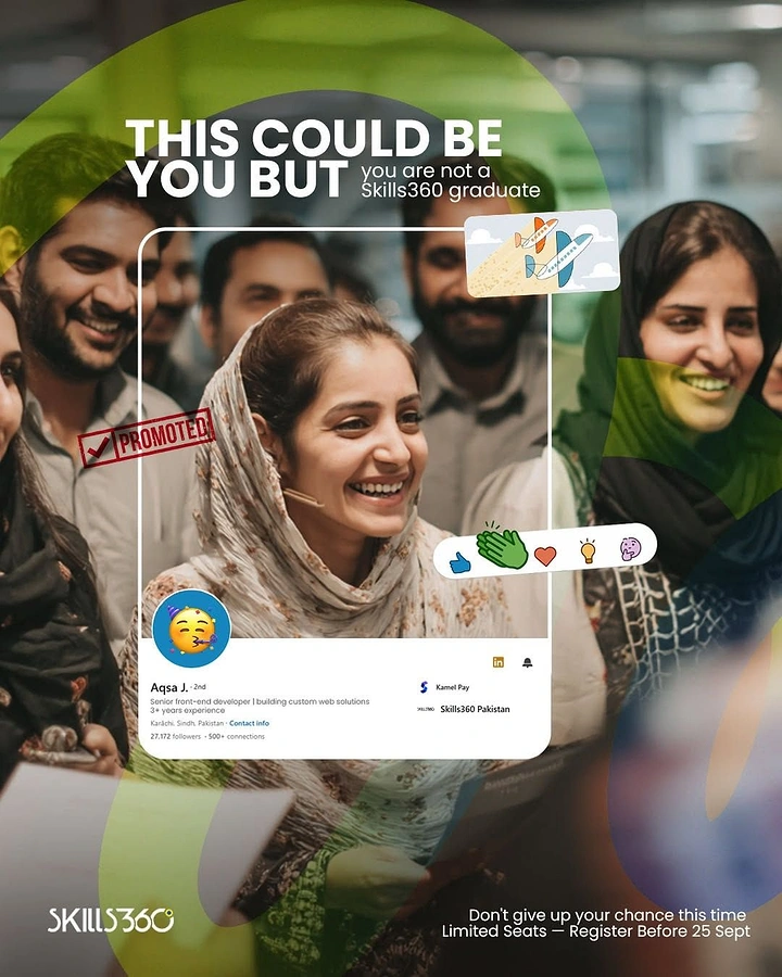 Computer Training Institutes creative ad: Smiling young woman in a headscarf framed as a LinkedIn profile, surrounded by cheering colleagues