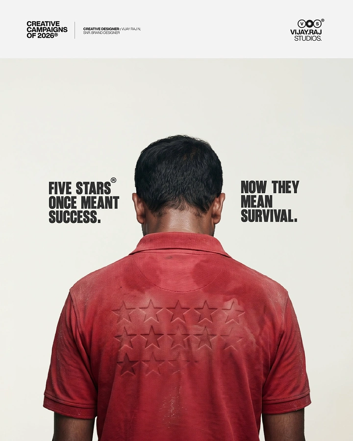 Agency creative ad: Back of a delivery worker in a sweat-stained red polo showing star rating marks