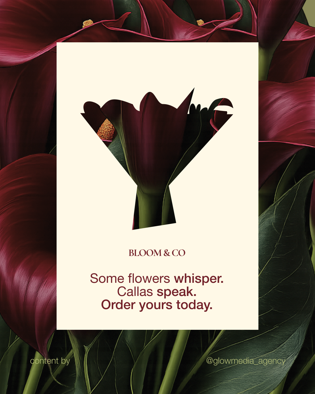 Calla cutout window, 'Callas speak' copy