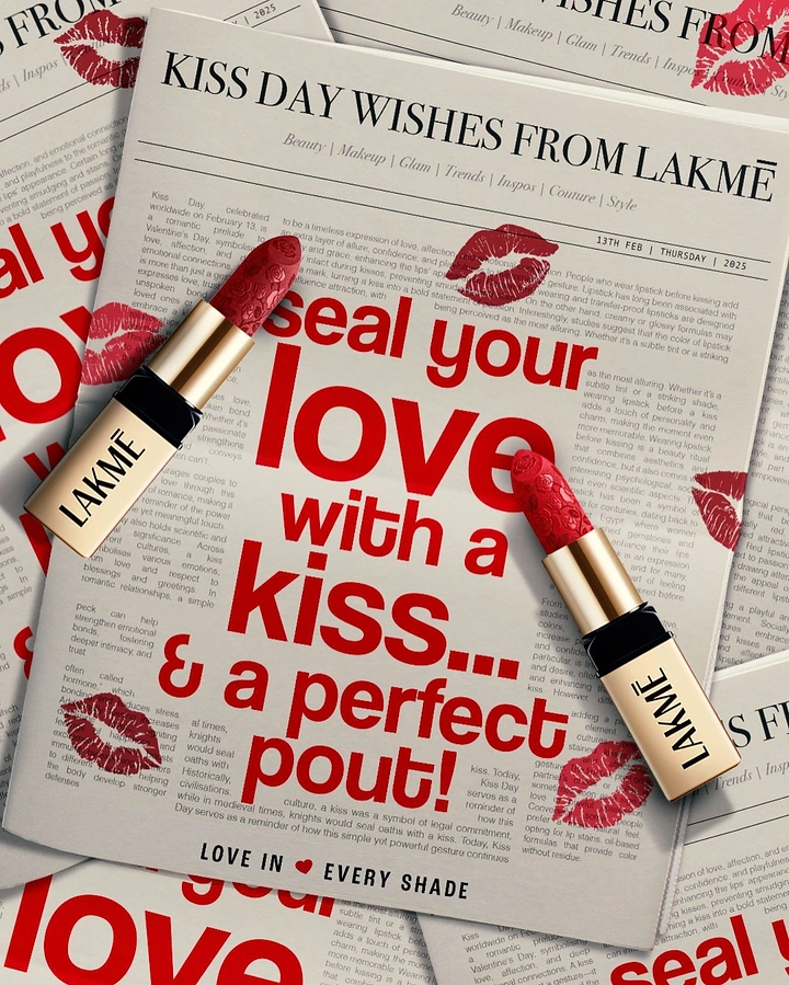 Valentine's Day creative ad: Two red lipsticks lying on a newspaper printed with a kiss-day headline
