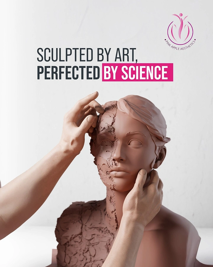 Skin & Cosmetic Clinics creative ad: Hands sculpting a clay female bust, half rough and half smooth