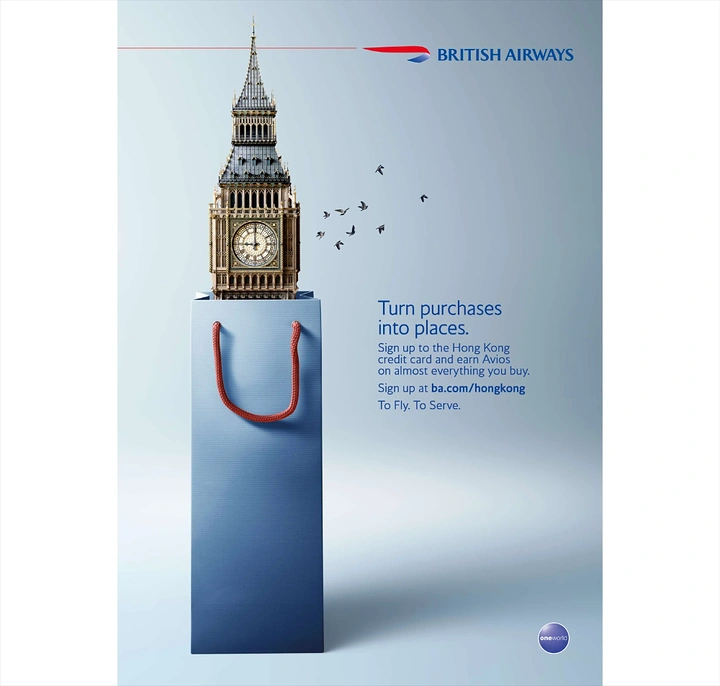 Finance & Banking creative ad: Landmark clock tower rising out of a tall blue shopping bag