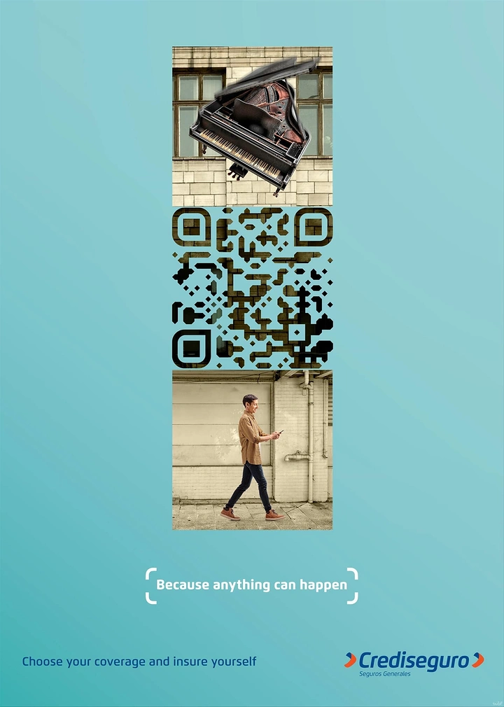 Insurance creative ad: QR code linking a falling piano above to a man on his phone below