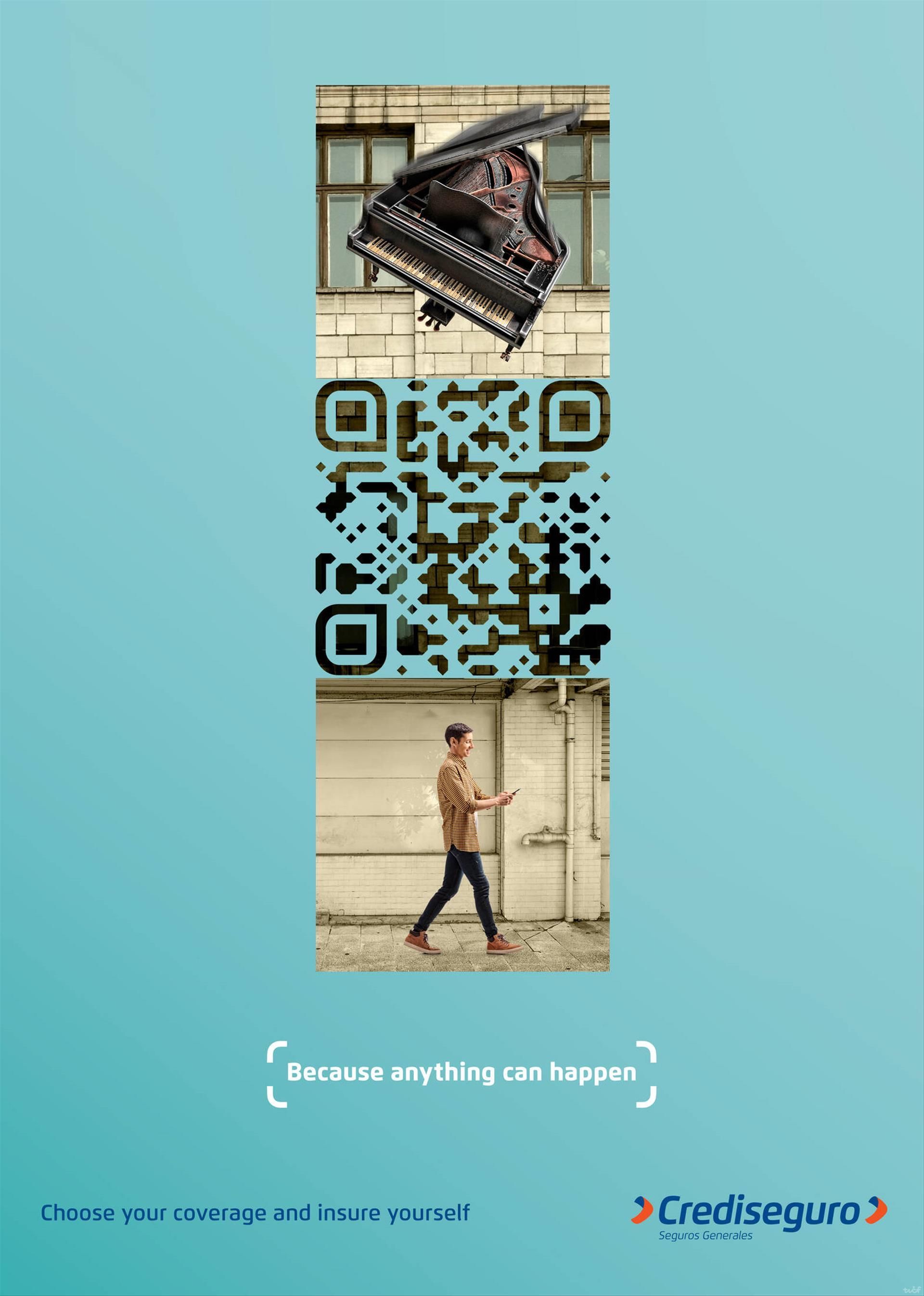 Poster: QR code linking a falling piano above to a man on his phone below