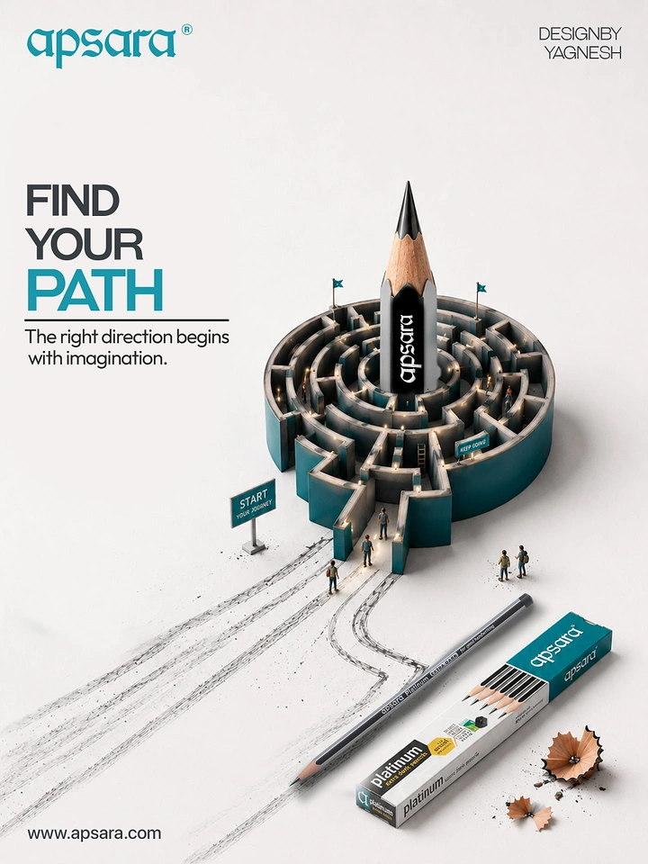 Education creative ad: Circular teal maze with a giant pencil tip rising from its centre