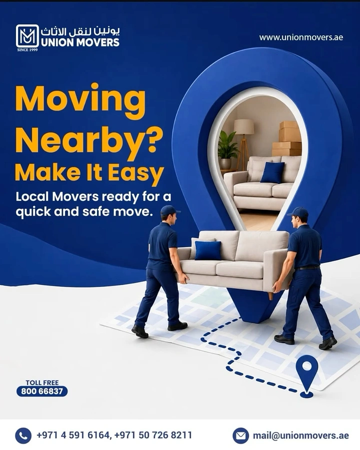 Movers & Packers creative ad: Movers carrying sofa out of location pin