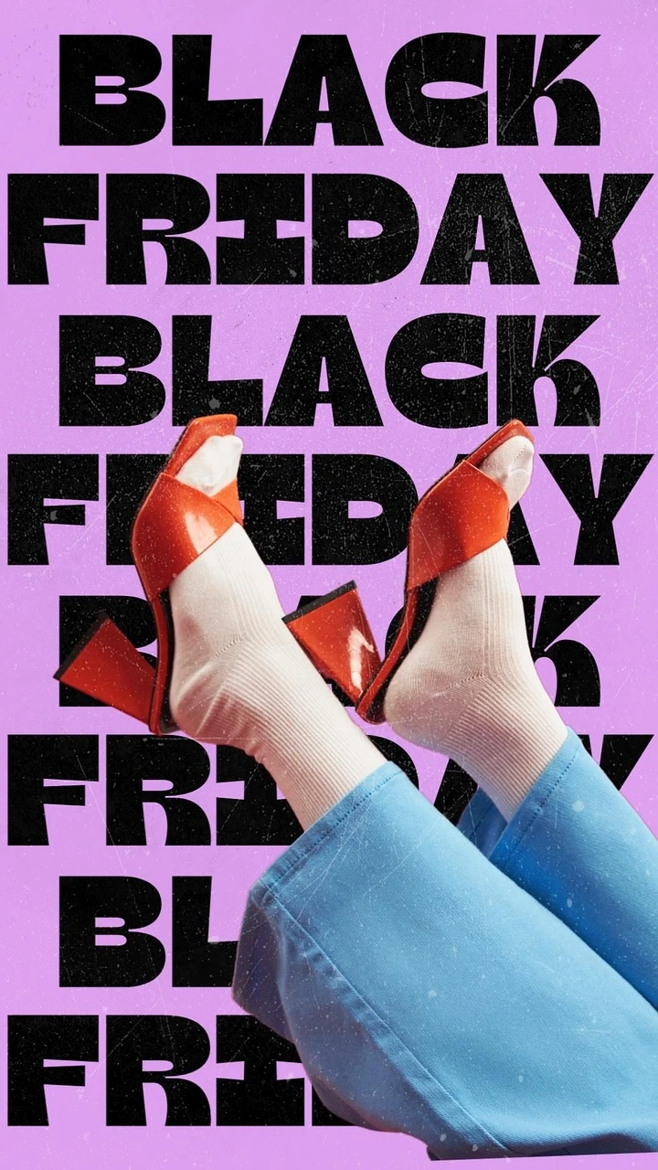 Black Friday creative ad: Cut-out legs in red patent block-heel mules and white socks