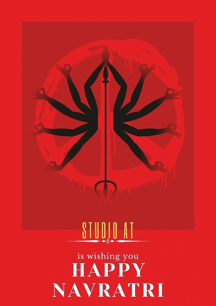 Navratri creative ad: Black silhouette of ten arms in mudras around a trishul