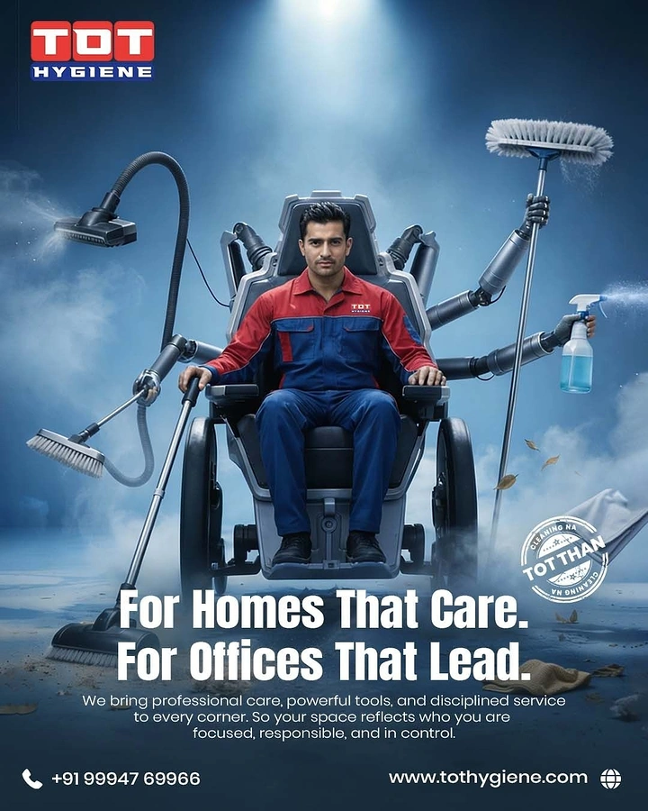 Cleaning Services creative ad: Multi-armed cleaner wielding many tools