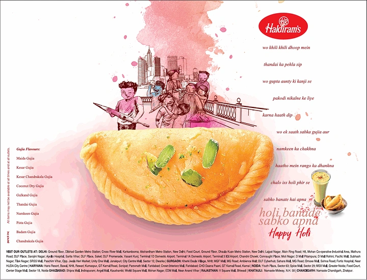 Holi creative ad: Close-up photographed gujia with pistachio beneath sketched Holi crowd