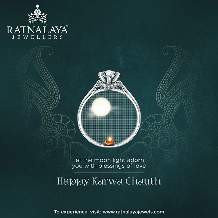 Karwa Chauth creative ad: Diamond solitaire ring whose band acts as a sieve framing the moon and a diya