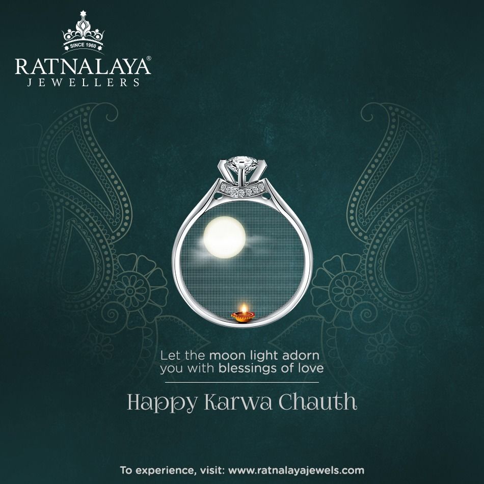 Diamond solitaire ring whose band acts as a sieve framing the moon and a diya