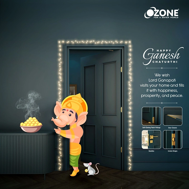 Ganesh Chaturthi creative ad: Cartoon Ganesha peeking in through a light-framed open door