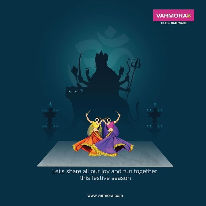 Navratri creative ad: Two garba dancers on a marble tile before a Durga silhouette