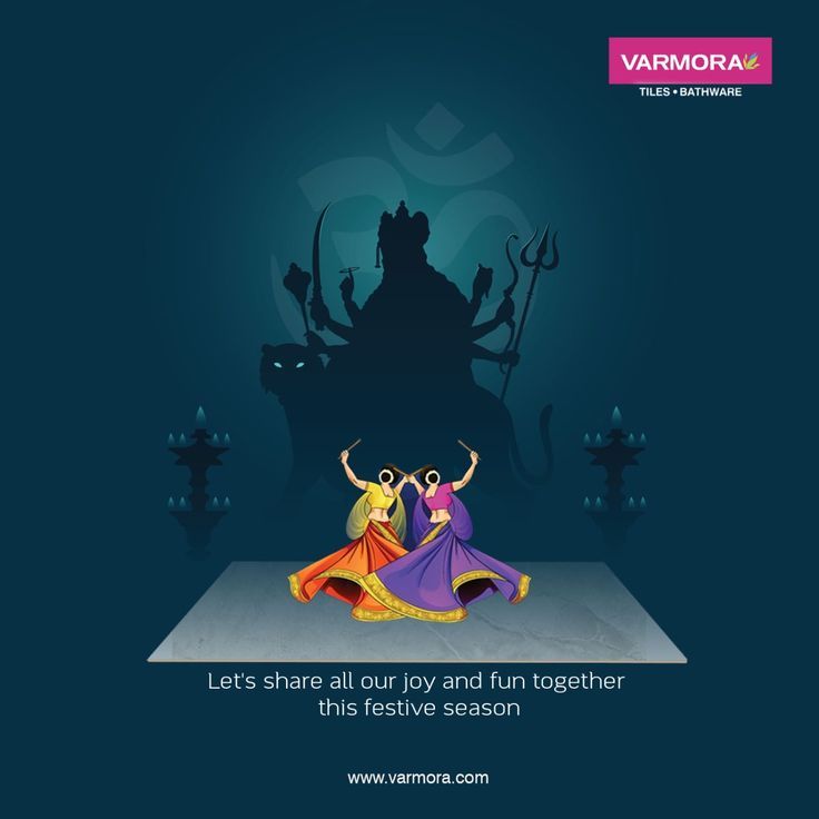 Two garba dancers on a marble tile before a Durga silhouette