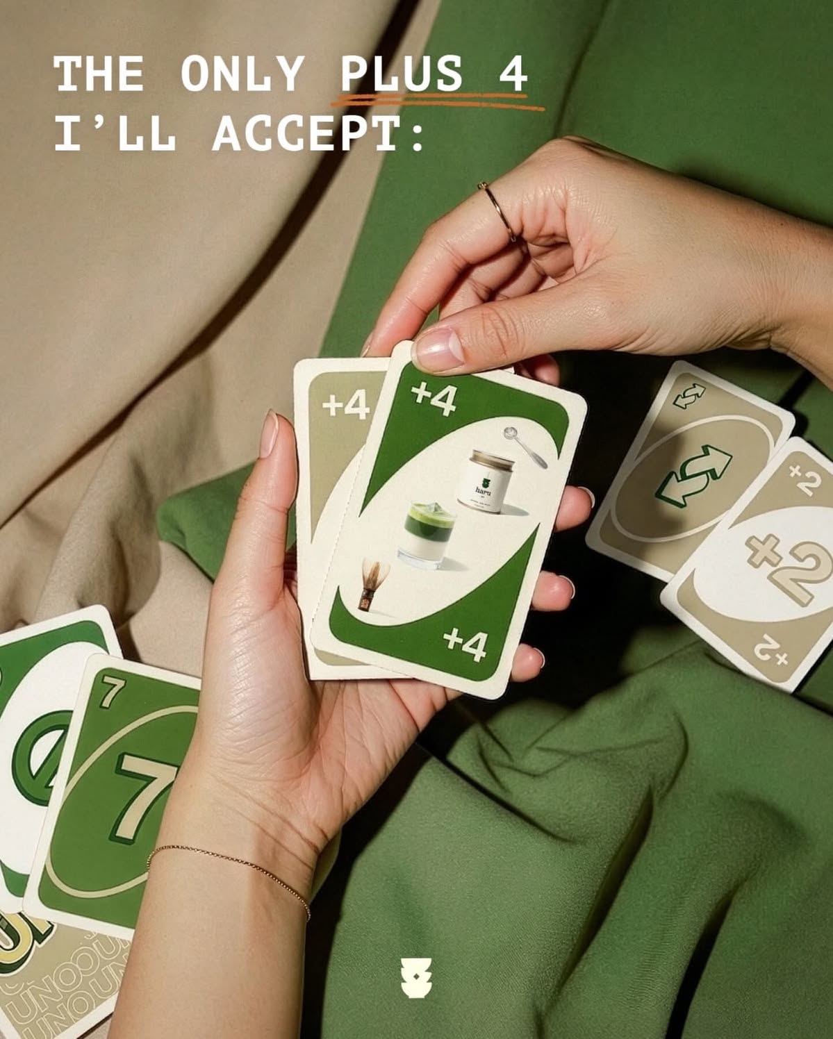 Instagram post: UNO +4 cards pun with matcha
