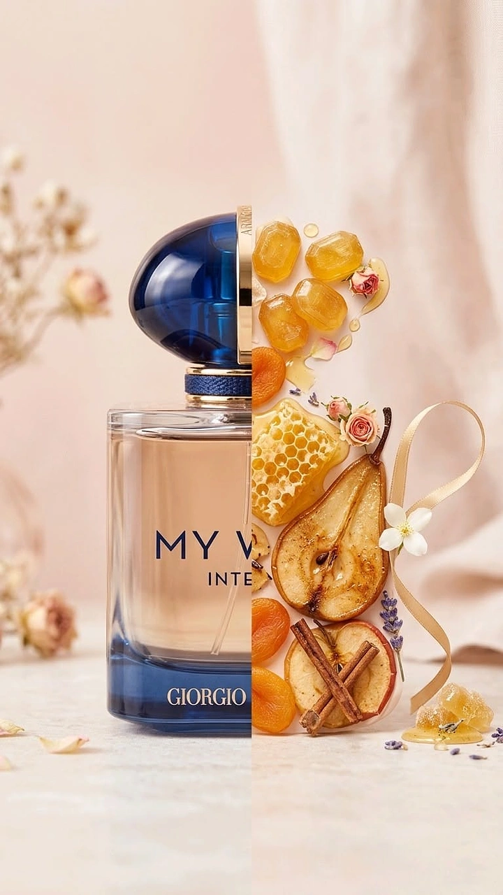 Creative ad: Half perfume bottle split with an arrangement of its scent ingredients