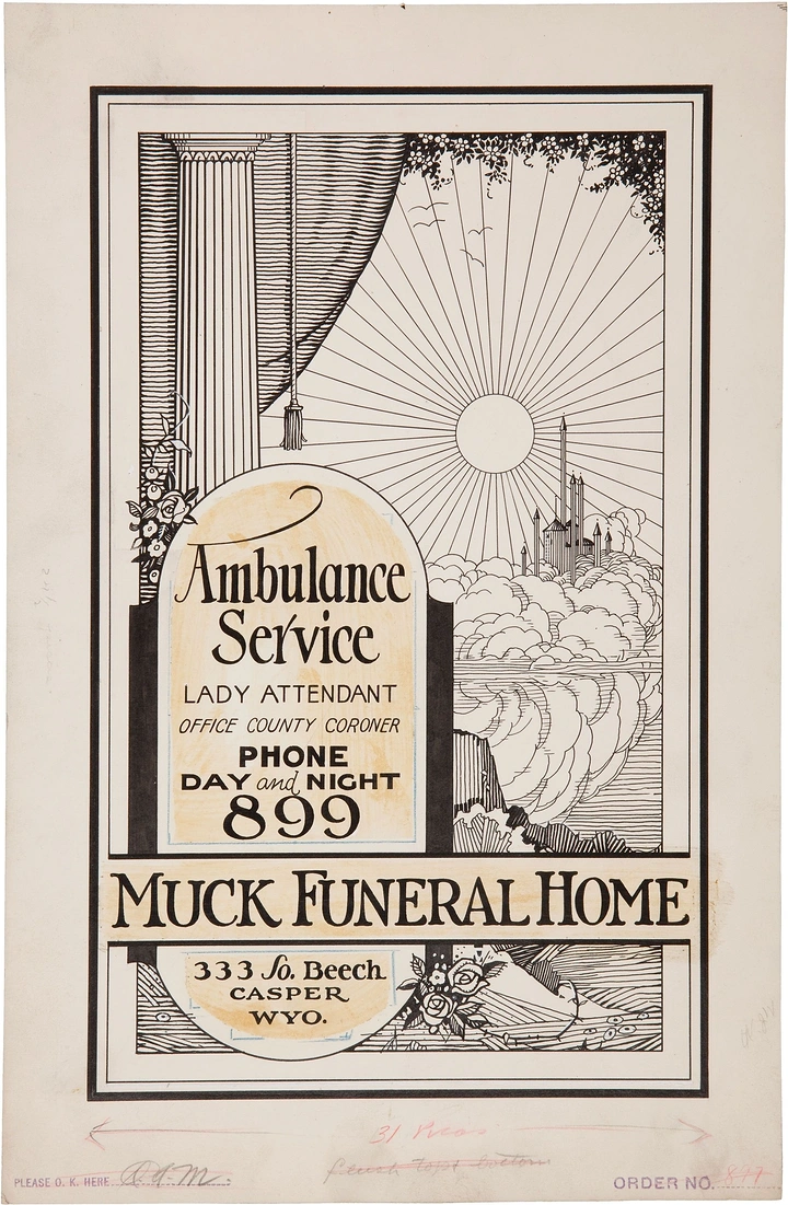 Funeral Services creative ad: Vintage ink ad, sunrise beyond curtain metaphor