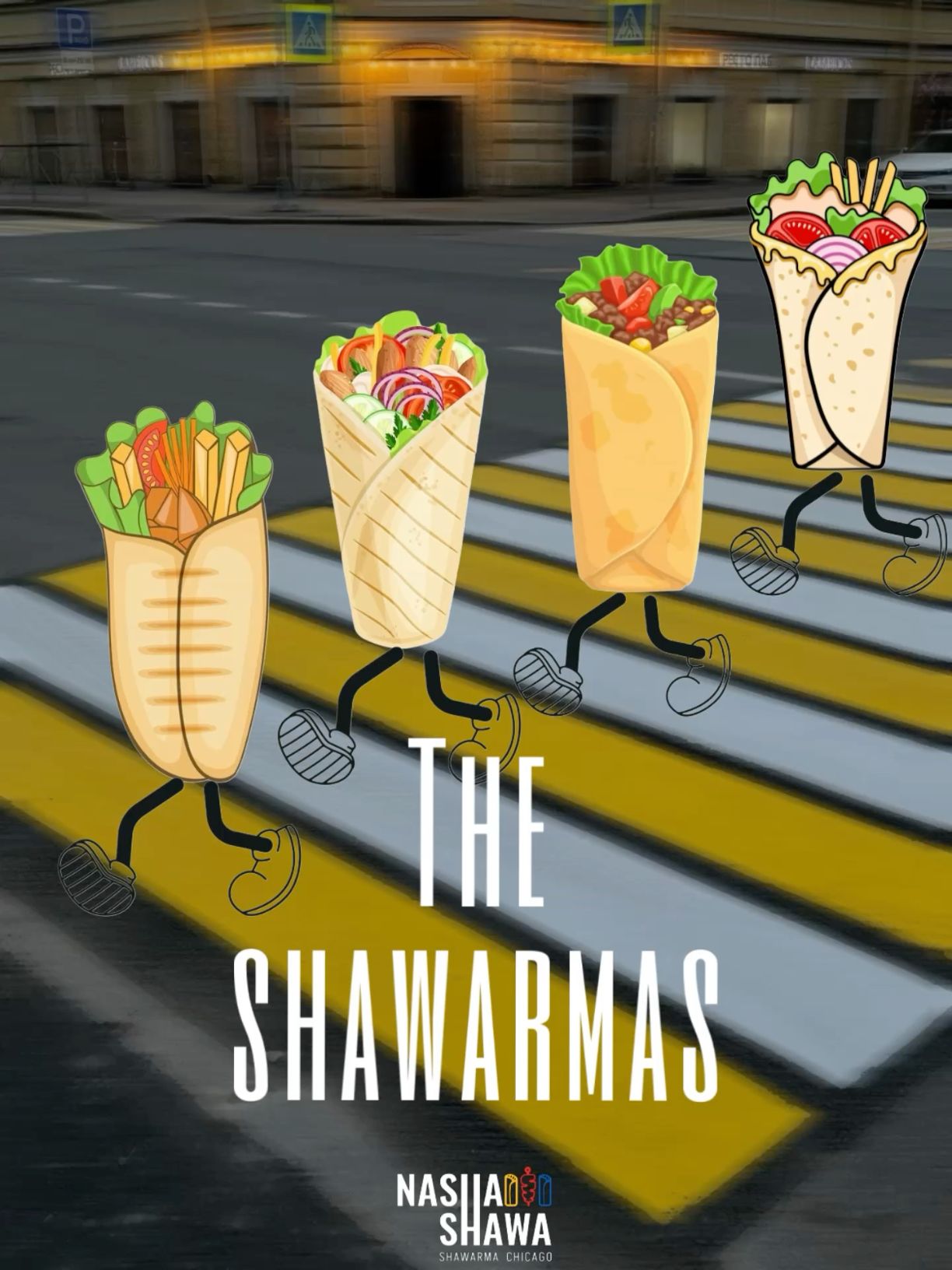 Instagram post: Shawarmas become pedestrians in street scene