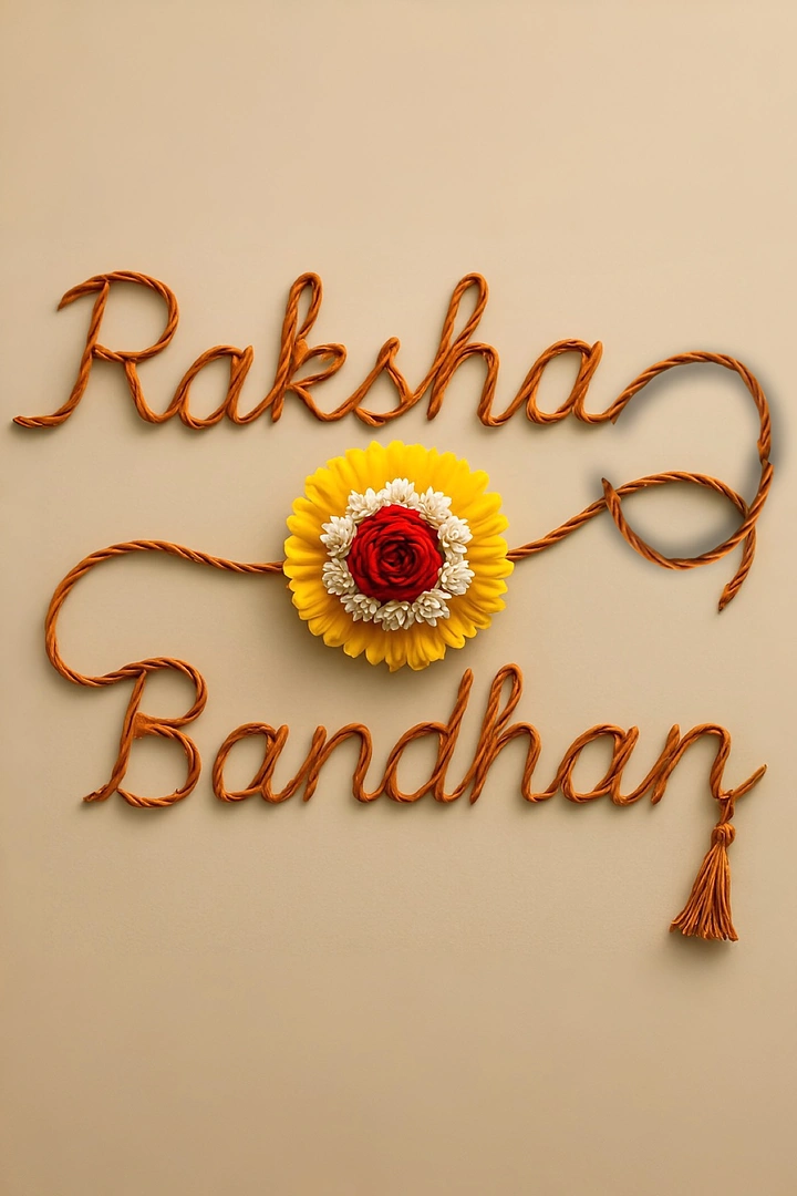 Raksha Bandhan creative ad: Twisted thread spelling the festival name in script, with a flower rakhi at the centre