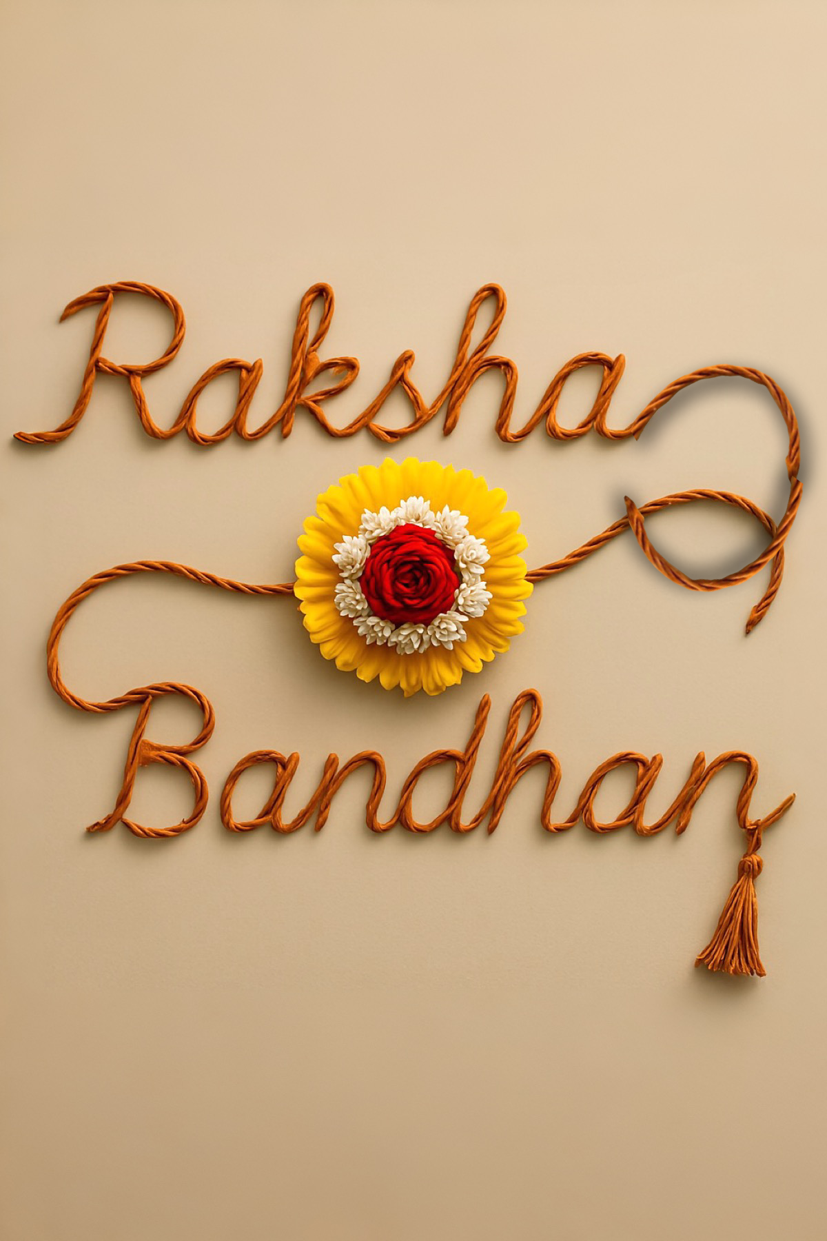 Twisted thread spelling the festival name in script, with a flower rakhi at the centre