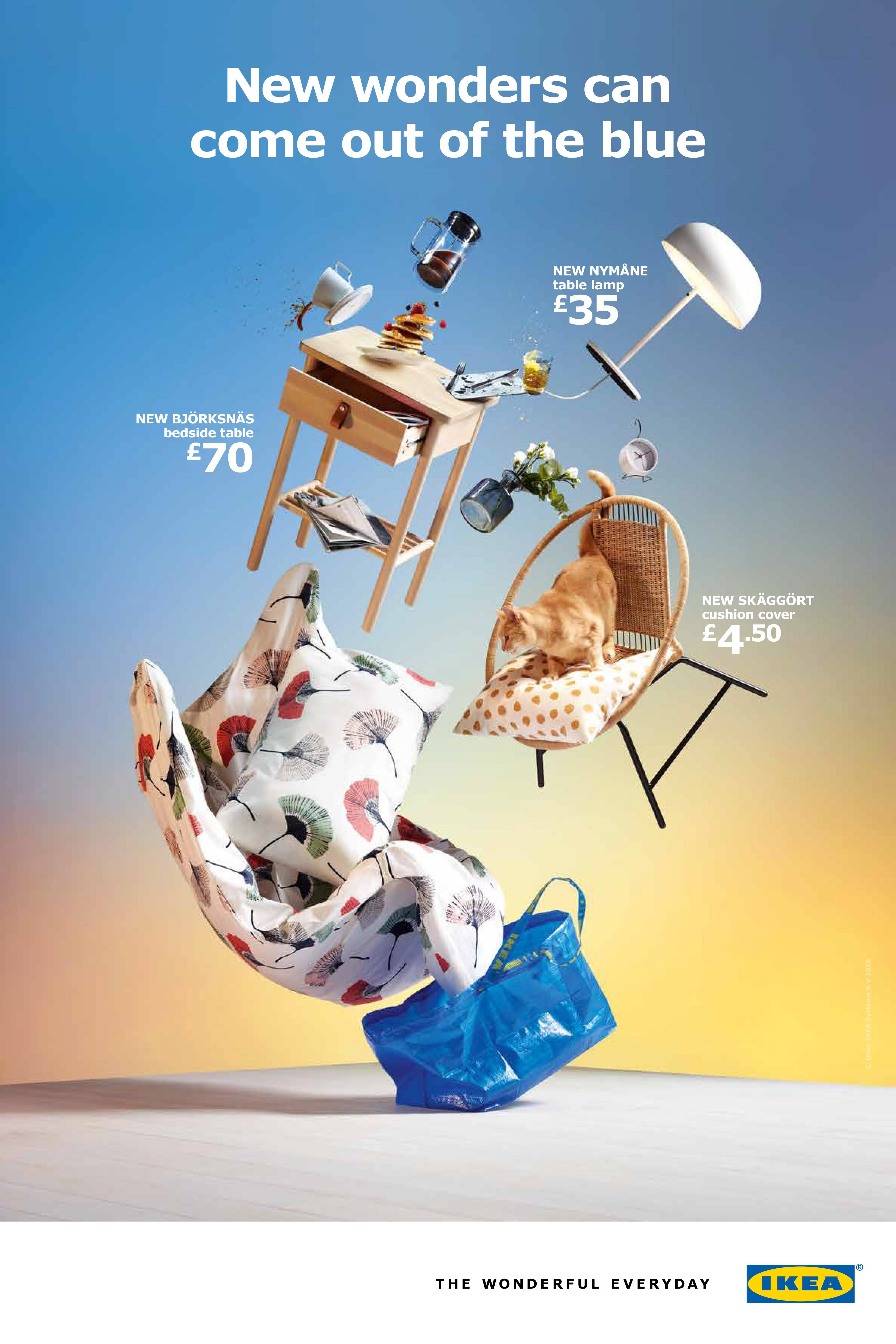 Poster: Tower of furniture and home items bursting from a blue shopping bag