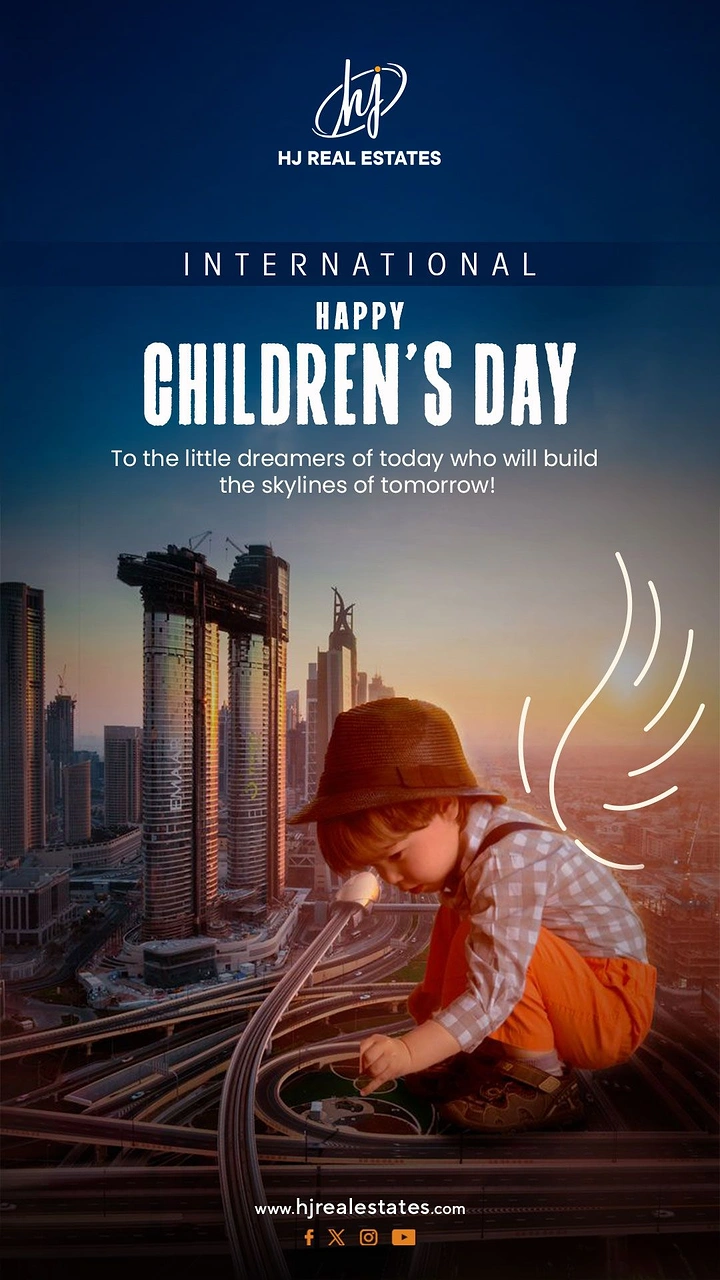 Children's Day creative ad: Giant toddler playing on city highway interchange beside skyscrapers