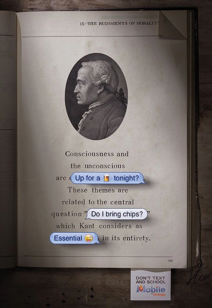 Bookstores creative ad: Chat bubbles interrupt Kant: don't text