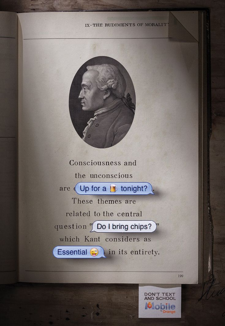 Open philosophy book with text-message bubbles interrupting the paragraph