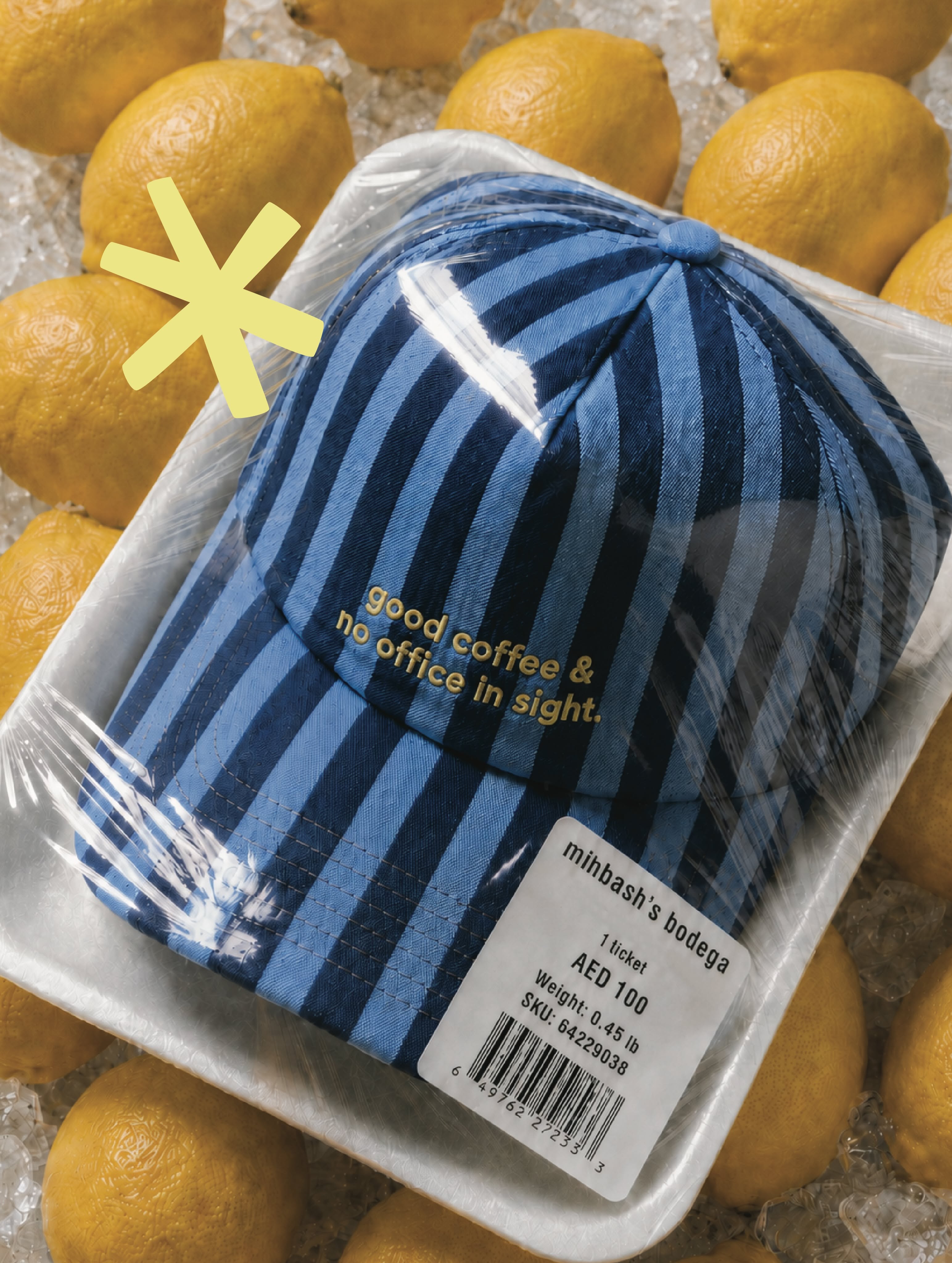 Instagram post: Striped cap packaged like supermarket produce on a foam tray