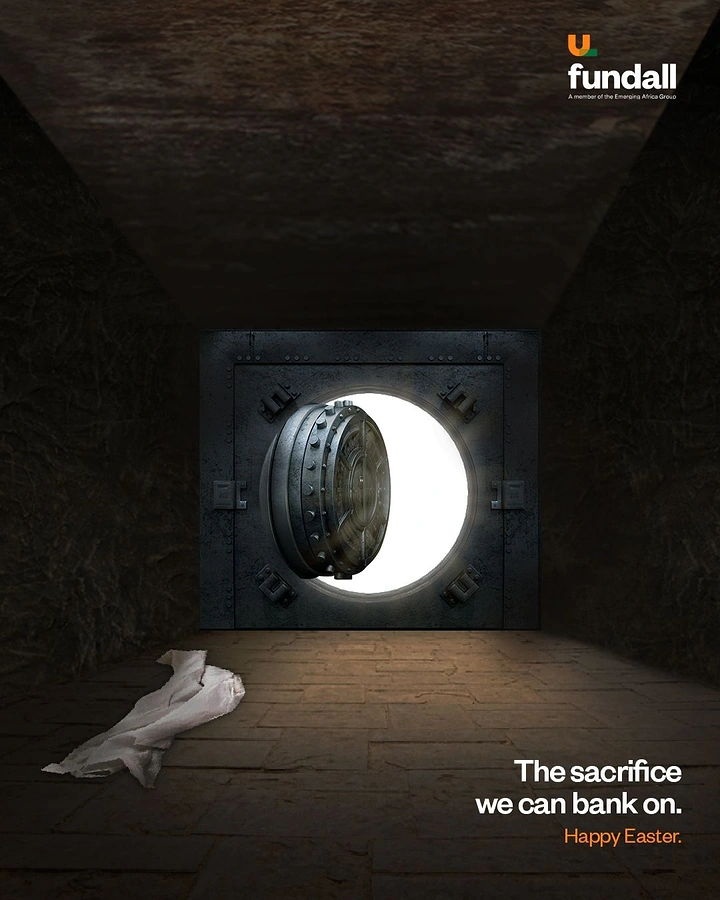 Easter creative ad: Open bank vault door in a stone tomb with folded burial cloth