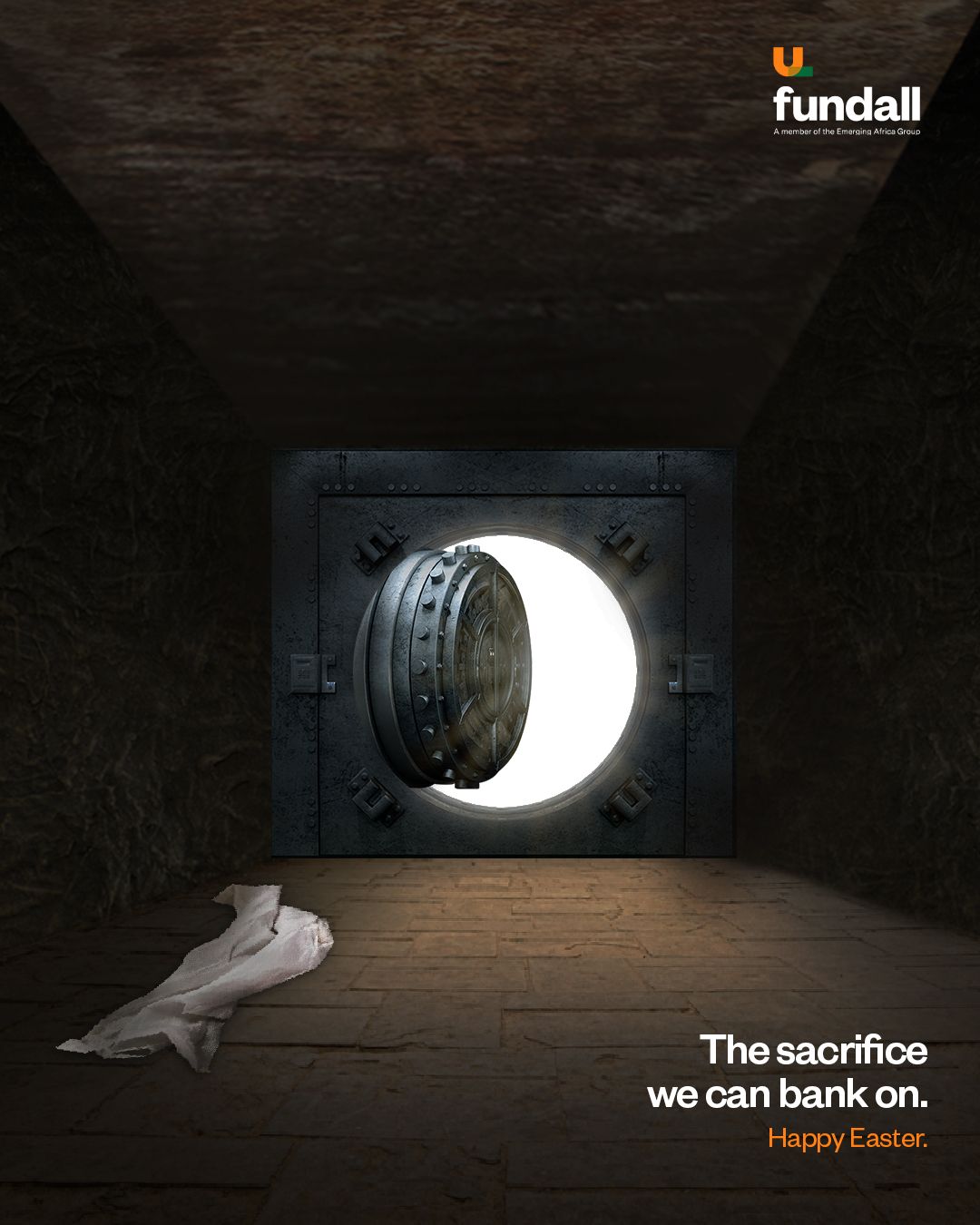 Open bank vault door in a stone tomb with folded burial cloth