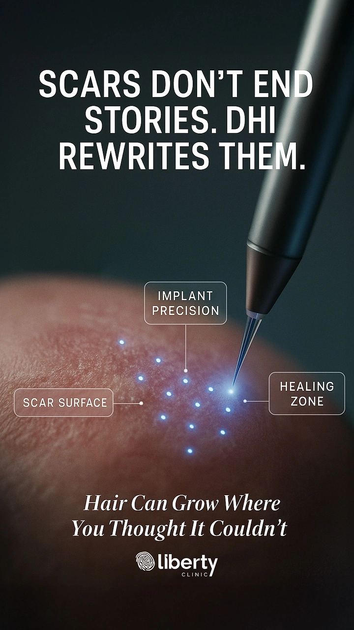 Hair Transplant & Hair Clinics creative ad: Pen rewriting scars, DHI implant metaphor