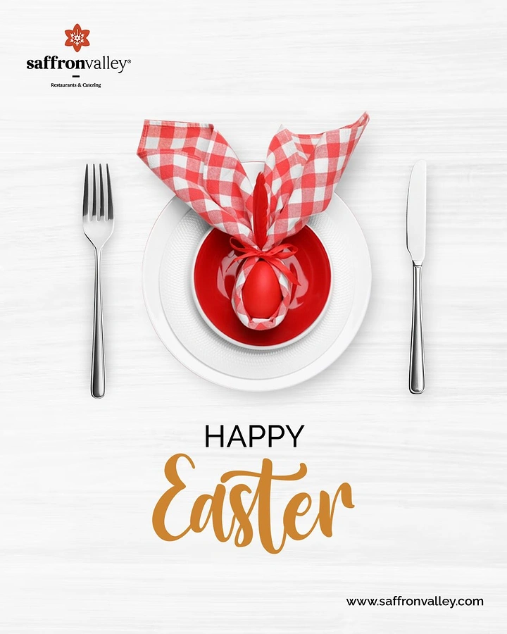 Easter creative ad: Red egg wrapped in a gingham napkin folded into bunny ears on a plate