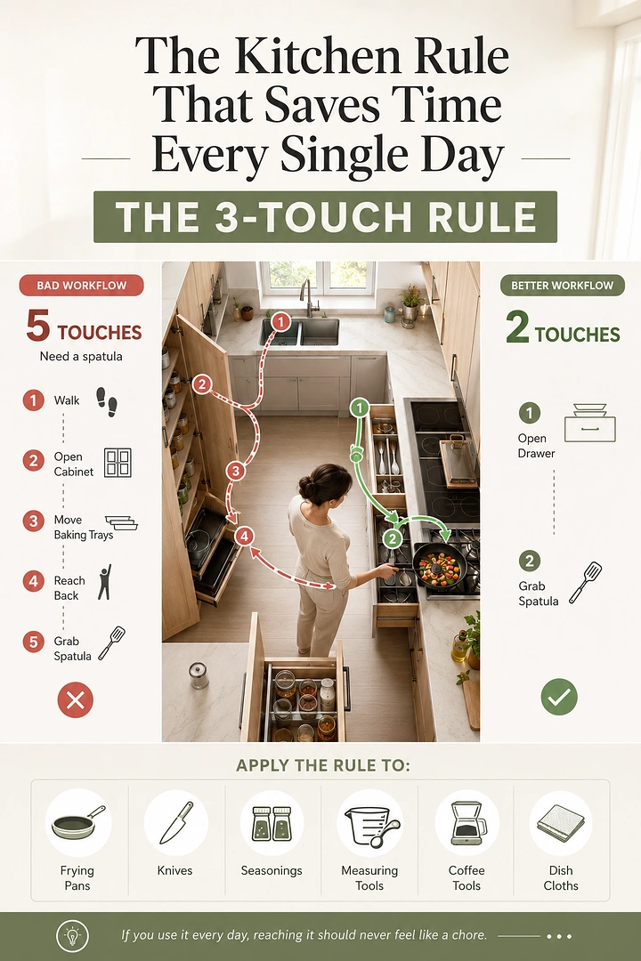 Home Renovation & Remodeling creative ad: Top-down kitchen workflow comparison showing fewer movements