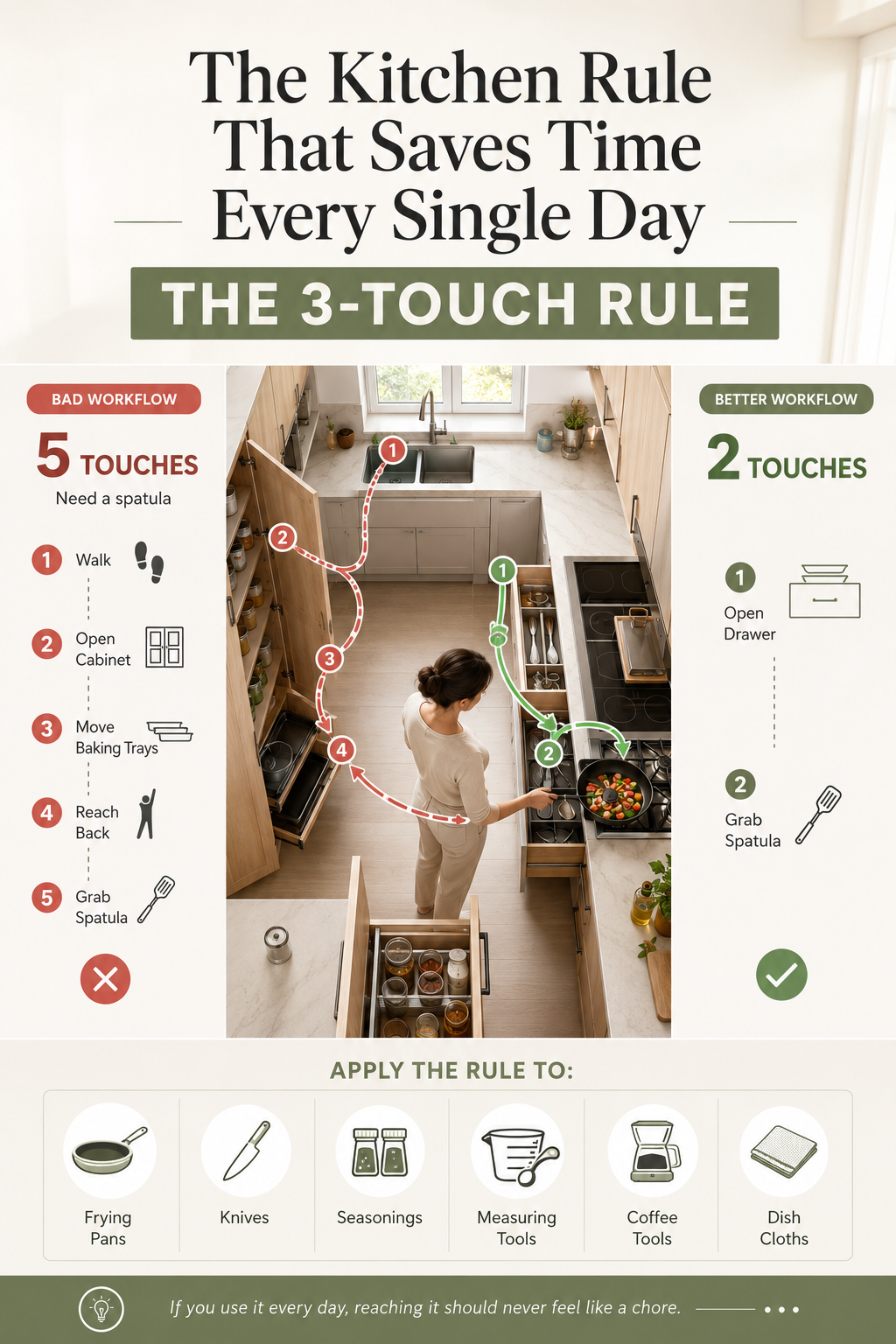 Poster: Top-down kitchen workflow comparison showing fewer movements