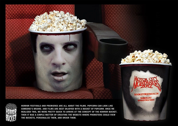 Cinemas & Movie Theatres creative ad: Horror head popcorn bucket for festival