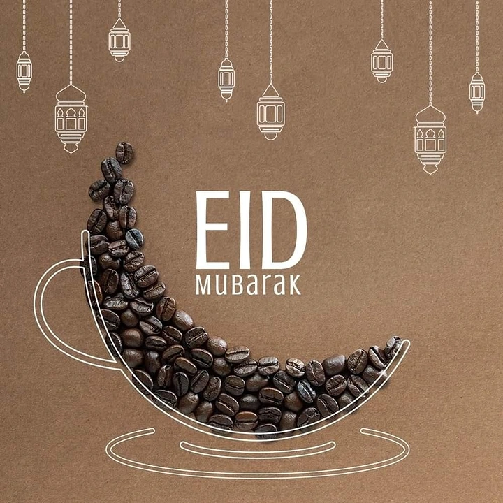 Eid creative ad: Coffee beans forming a crescent moon inside a line-drawn cup
