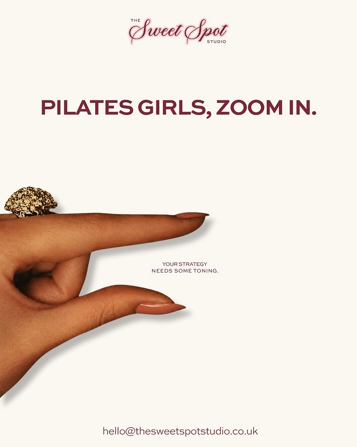 Pilates Studios creative ad: Finger framing gives zoom copy visual form