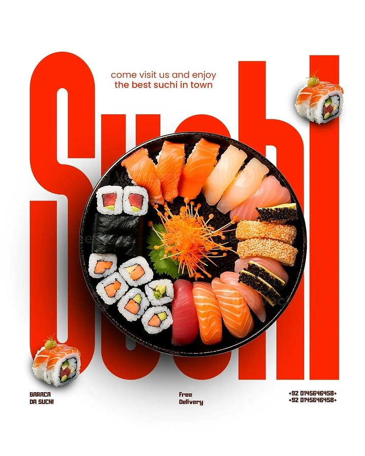 Sushi & Japanese Restaurants creative ad: Sushi platter integrated with oversized typography
