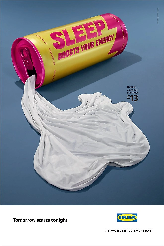 Home Decor creative ad: Energy drink can pouring a white bedsheet like liquid