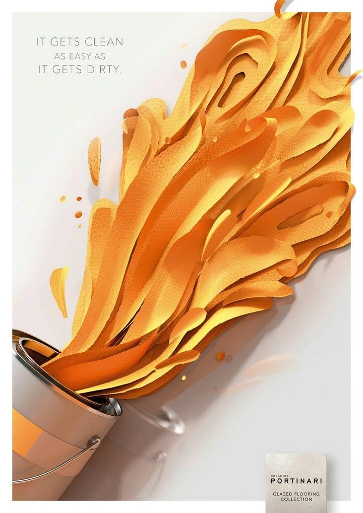 Tiles & Sanitaryware creative ad: Orange paint bursting from a tipped can, rendered as layered paper-cut shapes