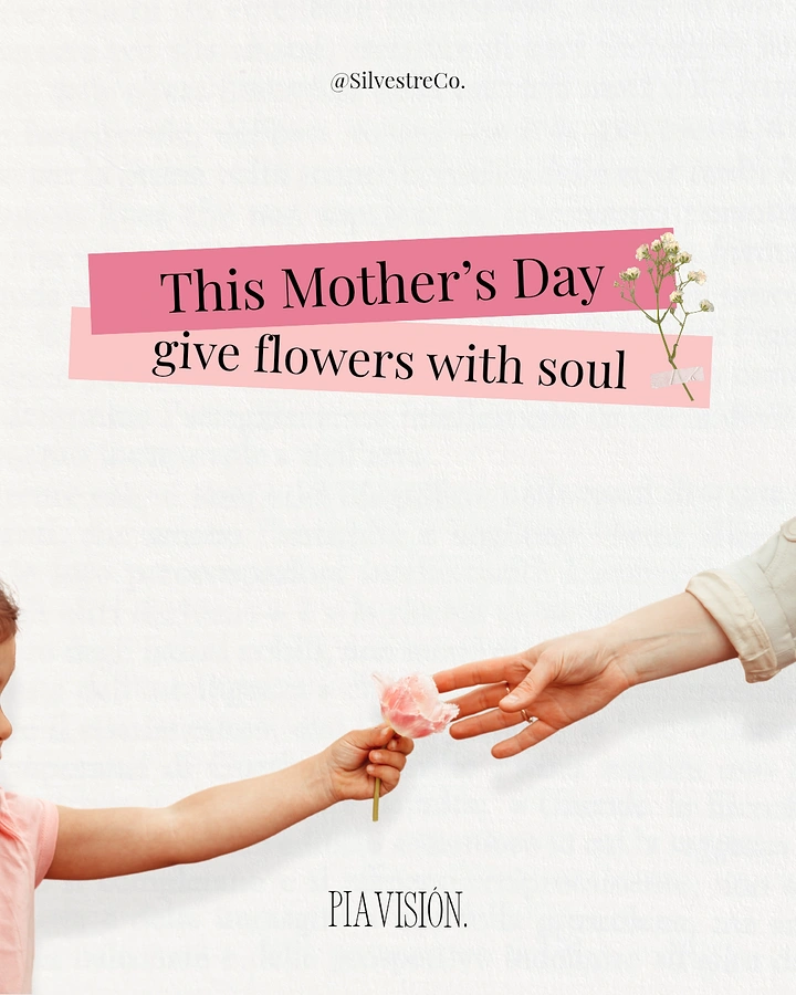 Mother's Day creative ad: child's hand passing a pink flower to an adult hand
