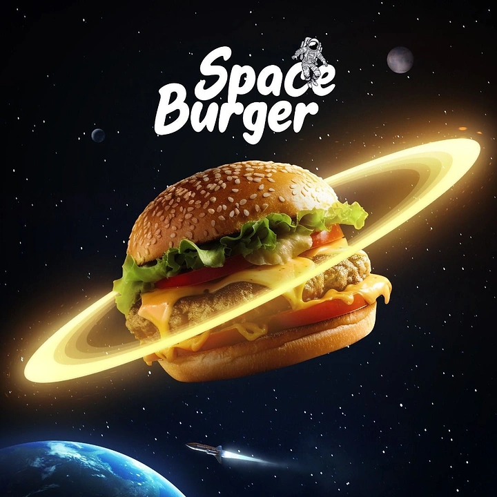 Cloud Kitchens & Food Trucks creative ad: Burger as ringed planet, Space Burger