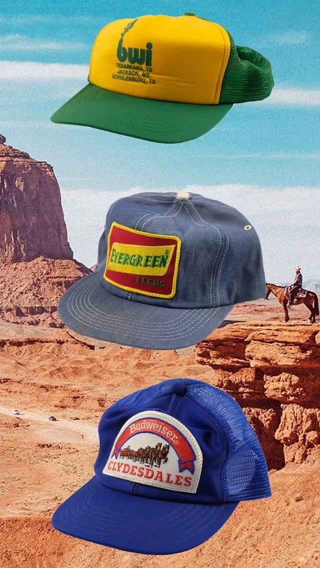 Hats & Caps creative ad: Caps staged as colorful desert fashion story