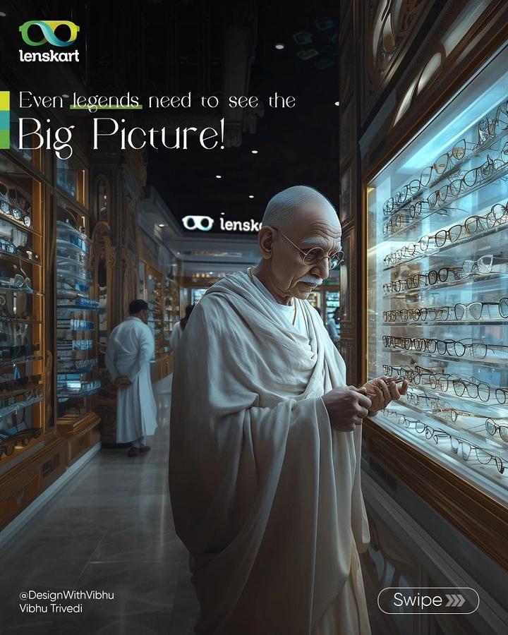 Gandhi Jayanti creative ad: AI-rendered elderly leader in white shawl browsing eyeglass display in optical store