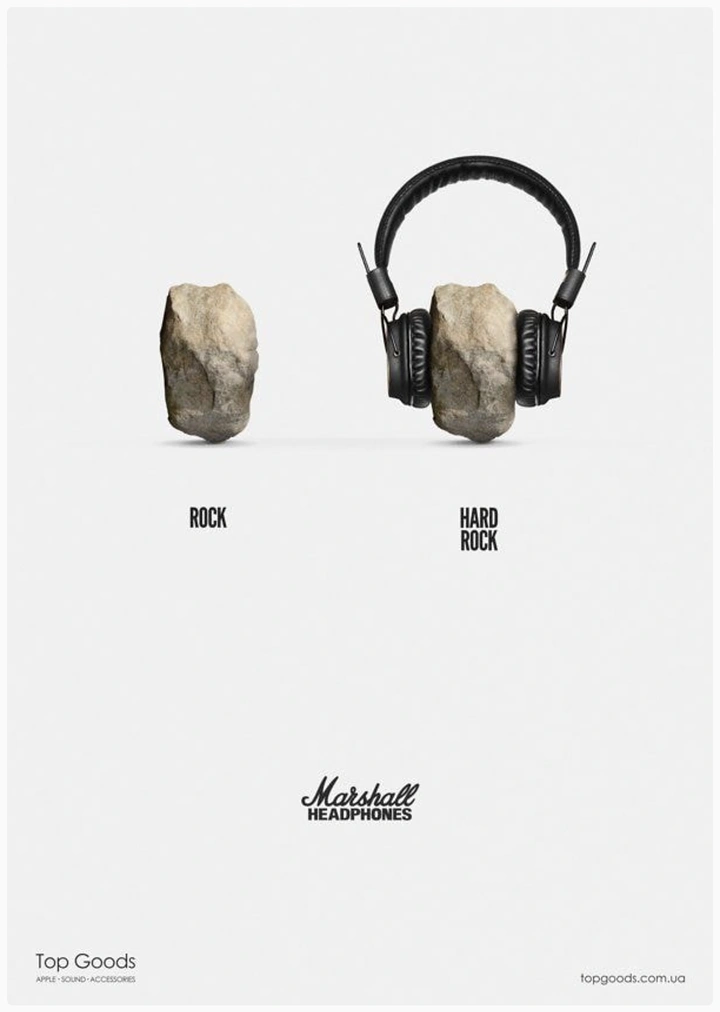 Electronics creative ad: A plain rock beside the same rock wearing headphones