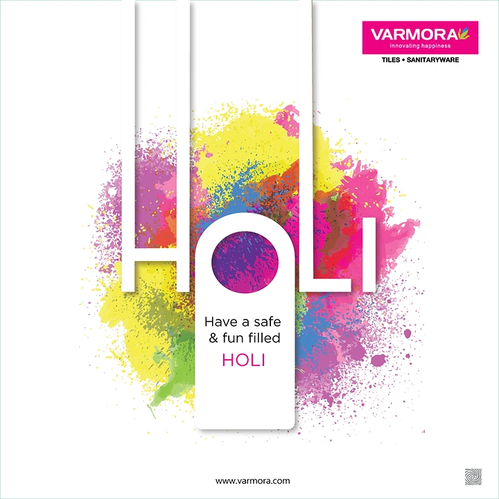 Holi creative ad: Giant white HOLI letters over a multicolour splatter with a door-hanger O